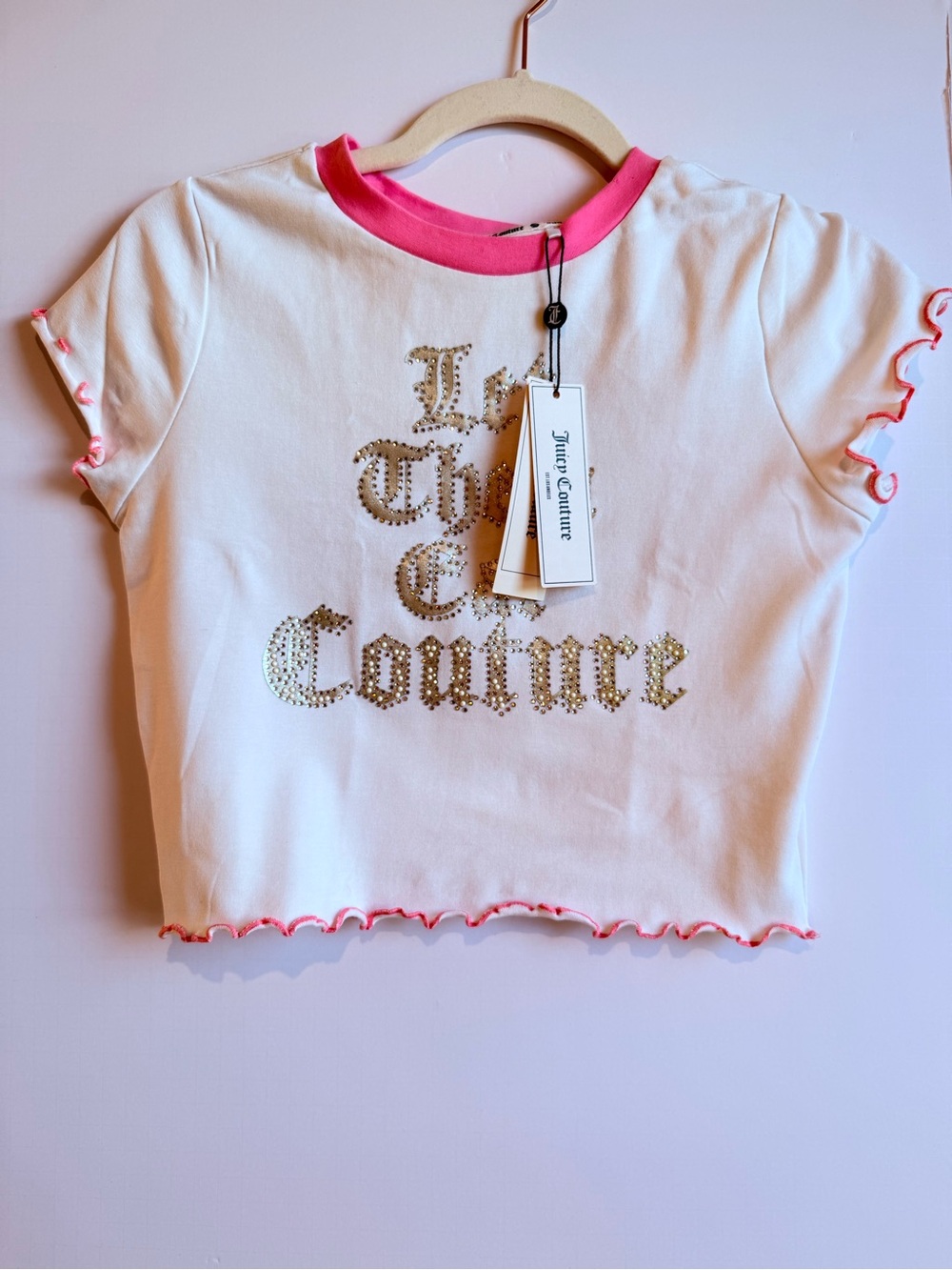 Juicy Couture White Crop Tee with Pink Trim & Gold Rhinestone Logo